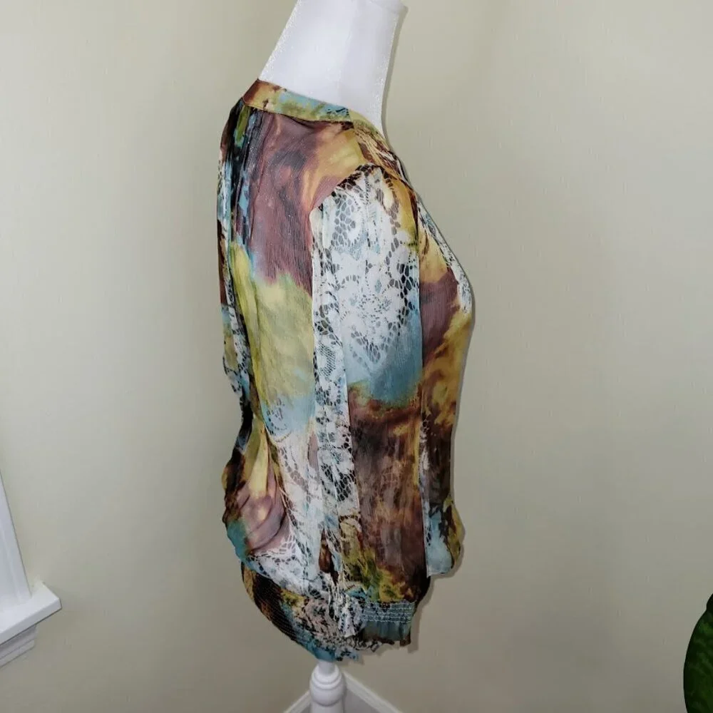 Everest Apparel 100% Silk Blouse Sheer Multicolored Elastic Waist Top Size S - Picture 7 of 14